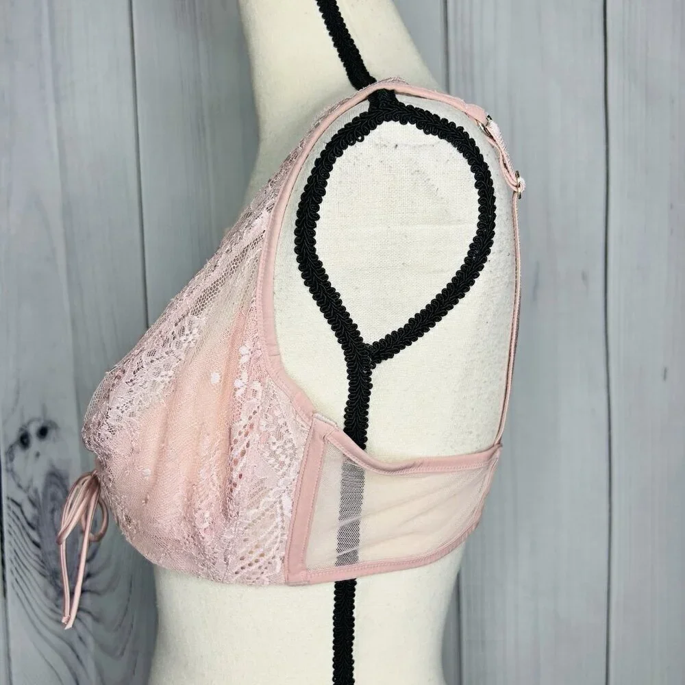 Victoria's Secret Dusty Rose Pink Lace Plunge Bra Size 38D Tie Front